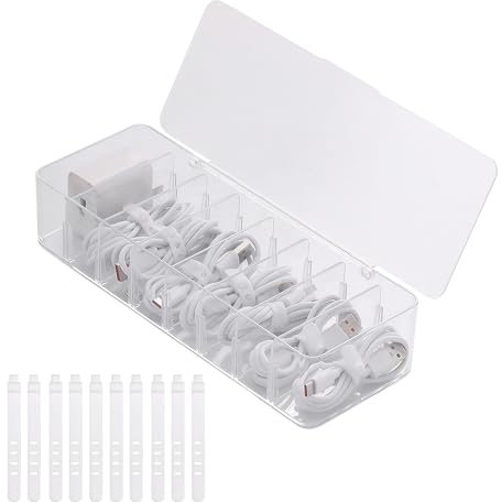 Caja y organizador de cables y cargadores, organizador de cables plástico transparente, separadores extraíbles, tapa, gestión de 10 bridas