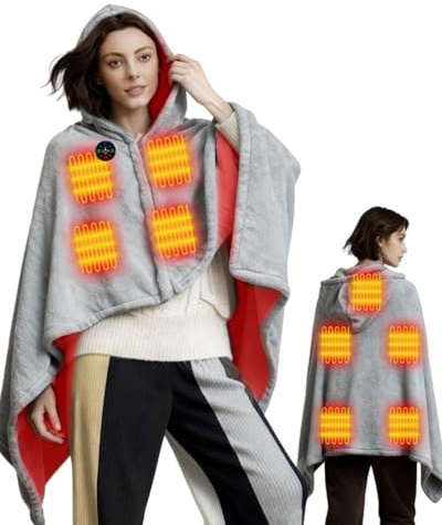 Olutula USB Heated Blanket with Detachable Zipper Hat 9 Heating Zones 3 Temperature Levels Ultra Soft Flannel, Portable Heated Throw Blanket for Home Office, Camping and Outdoor Use 150x85CM