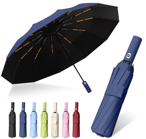 FANSEZQ Paraguas Automático Abre y Cierra - Resistente al Viento Fuerte, Impermeable y UV - 24 Varillas para Hombre y Mujer (Azul oscuro)
