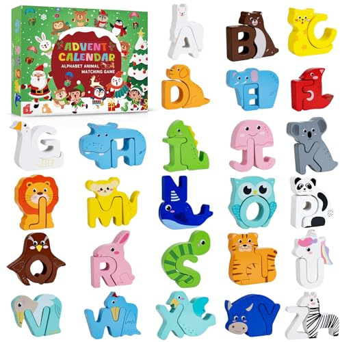 Calendrier de l'Avent 2025 pour enfants, puzzles en bois pour tout-petits,ABC Animal Letter Matching, compte à rebours de Noël de 24 jours avec puzzles d'animaux en bois et jouets éducatifs (A)