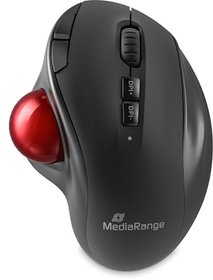 MediaRange Mouse ottico trackball a 7 tasti con rotella di scorrimento, tasti DPI e daum, 800-2400 DPI, batteria ricaricabile da 600 mAh, per destrorsi, nero/rosso