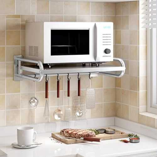 KingSaid Mensola Microonde da Parete in Acciaio Inox 51.5×39 cm, Ripiano Salvaspazio Cucina Robusto, Supporto a Muro Regolabile per Forno a Microonde, Ripiani Salvaspazio e Mobile Cucina