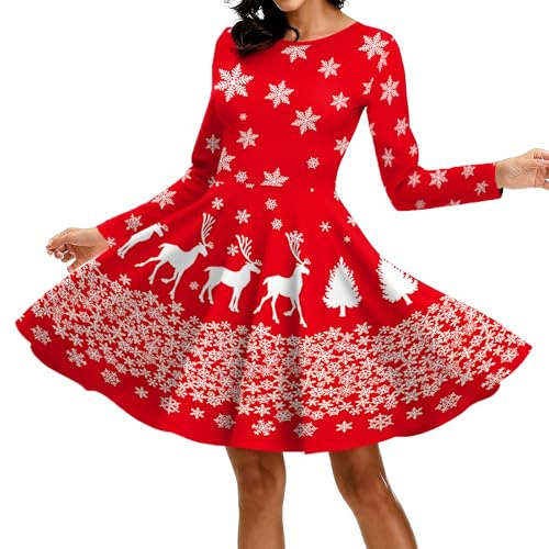 tiorhooe Robe de Noël pour Femme avec Manches Longues Robe Midi de Fête de Noël, rouge 2, XL