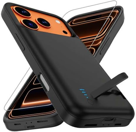 Giabuao Funda de Batería para iPhone 17 Pro, 8500 mAh Delgada y Recargable, Cargador Extendido con Soporte, Batería Externa Protectora Portátil para iPhone 17 Pro (6.3 Pulgadas) - Negro