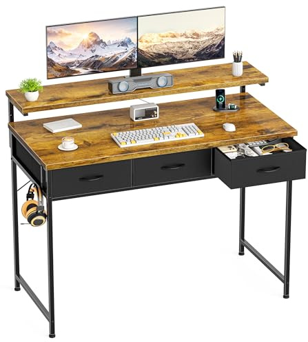 HOMIDEC Computer Desk with 3 Storage Drawers, Gaming Desk with Adjustable Monitor Stand and Headphone Hook, Home Table, Office Desk, Modern Style, for Workers, Gamers and Students, Vintage, 100cm