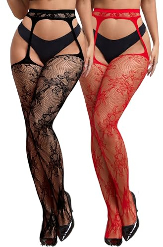 ohmydear Plus Size Fishnet Tights Womens Lace Patterned Suspender Stockings | XS-5XL, Stretchy, High Waisted Garter Pantyhose, Fishnets, Box Package, Black, Red, Ladies Fashion Sexy Outfit, Party, Daily