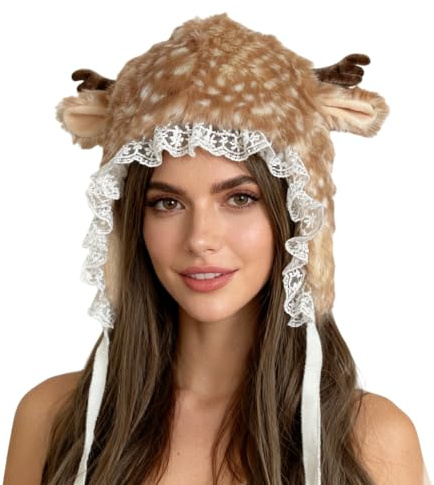 Acunny Gorro de animal, accesorio para cosplay con estampado de cuernos, de dibujos animados, cálido gorro de invierno, para uso diario, viajes, vacaciones, fiestas, comedia, escenario de comedia
