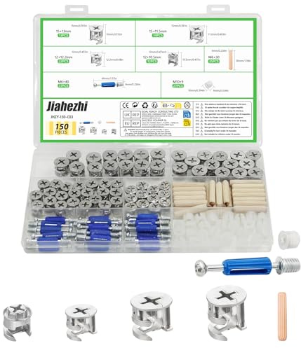 150 Pcs 3-in-1 Furniture Connector Hardware Set, Includes Cam Lock Screws, Eccentric Cam Bolts and Dowel, Pre Inserted Nuts Furniture Hardware Fixing Screws for Wardrobes Cabinets
