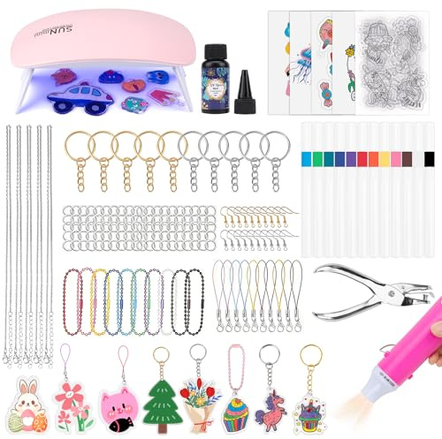JelyArt 182 Stück Schrumpffolien Set Schrumpfplastik Set mit 20 Blatt Schrumpffolien, Heißluftpistole, UV-Harz, UV-Lampe & Schlüsselanhänger-Zubehör für DIY Schmuck, Ringe, Anhänger