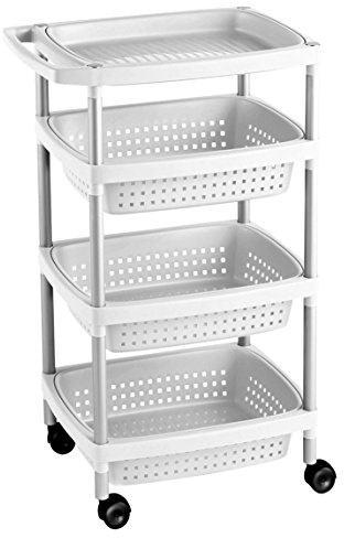 TATAY Carrello portaverdure a 4 livelli, bianco opaco, con ruote e 3 cestini e 1 vassoio superiore, rimovibili. Realizzato in materiale plastico. Senza BpA. Misure 33 x 43 x 10,3 cm