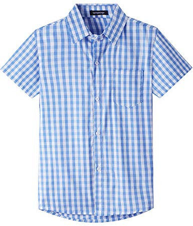 Spring&Gege Boys' Short Sleeve Poplin Button Down Shirt Cotton Plaid Uniform Dress Shirts, Blue Large Check Gingham, Size 13-14 Years