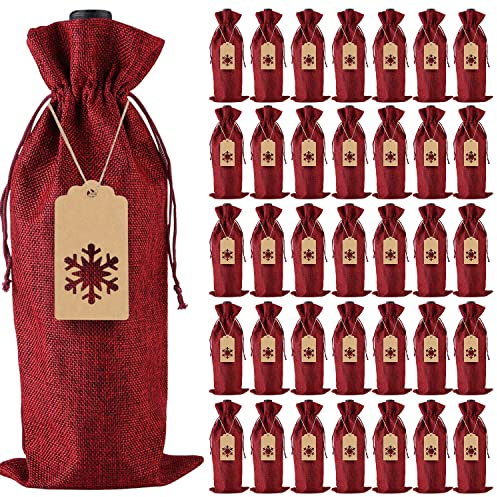 Sackleinen Wein Geschenktüten, Jute Kordelzug Weinflaschenhüllen mit Seilen und Tags für Weihnachten, Hochzeit, Reisen, Geburtstag, Urlaubsparty (24 Stück Weinrot)