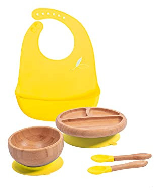 Love Earth ® - Bamboo Baby Weaning Set – 5 Piece Baby Weaning Set Including Suction Plate, Bowl, Spoons, and a Silicone Bib – Eco-Friendly Weaning Set for Babies from 3 Months to 6 Years (Yellow)