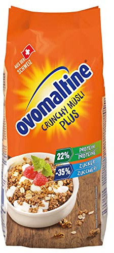 Ovomaltine Crunchy Protein Muesli Plus – Muesli croccanti con farina d'avena – Miscela di cereali con 22% di proteine, un terzo in meno di zucchero e crunch incomparabile (1 x 300 g)