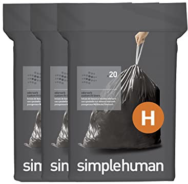 simplehuman CW0551 code H Odorsorb Custom Fit Odour Absorbing Bin Liner Bulk Pack, Black Plastic (3 Pack of 20, Total 60 Liners)