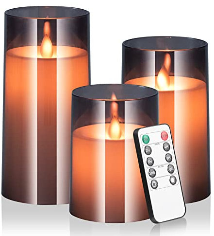 Winnes Candela LED Finte Fiamma 4‘’ 5‘’ 6‘’ set 3 Candele a Fiamma Dinamica senza Fiamma con Telecomando,Decorazione Tavola di Natale Matrimonio Compleanno (Grigio,Luce Bianca Calda)