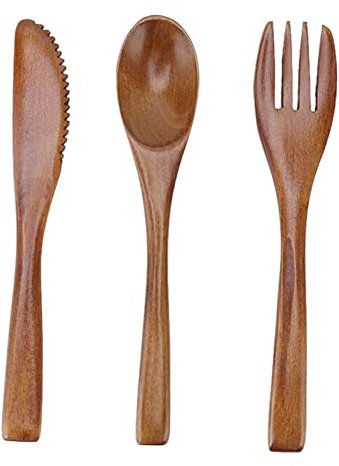 Set di 3 cucchiai di forchetta con coltello in legno, kit di utensili per la cena in legno Phoebe con manico dritto riutilizzabile, set di cucchiai e forchette per uso domestico