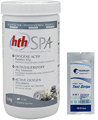 HTH Spa OXYGENE Actif Pastilles 20g - 1,2kg | Désinfection Régulière sans Chlore - Dissolution Rapide + 10 Tests HPS OFFERTS 6 en 1