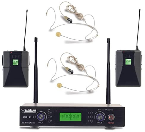 AUDIODESIGN PRO PMU 2212BP Set centralina e 2 microfoni ad archetto UHF, kit radiomicrofono palmare professionale, microfono wireless con body pack