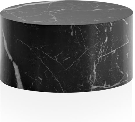 Wohnling Couchtisch MONOBLOC 60x60x30 cm Schwarz Hochglanz mit Marmor Optik, Design Wohnzimmertisch Rund, Lounge Sofatisch Kaffeetisch Modern