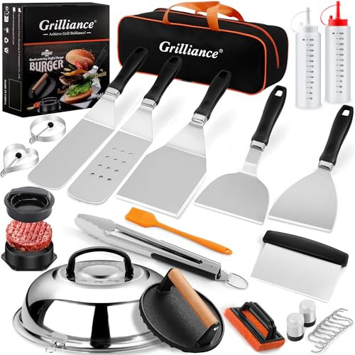 Grilliance 27PCS Griglia Set di Spatola Plancha Accessori per Uomini, Kit Utensili Barbecue Teppanyaki Acciaio Inox, Professionale Hibachi Smasher Burger set Regalo con Hamburger Pressa, Patty Maker
