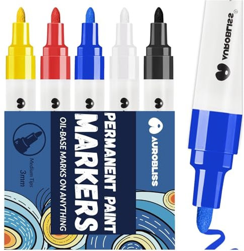 Aurobliss Permanent Marker Bunt 5 Lackstift, Wasserfeste Stifte für Glas, Kunststoff, Holz, Metall, Reifen, Steine Bemalen