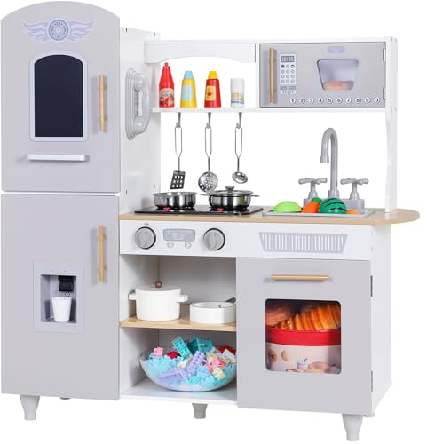 MAMIZO Cucina Bambini Legno, con Pentole e padelle, Telefono, Lavello, Fornelli, Macchina del Ghiaccio, Cucina Giocattolo per Bambini con Luci e Suoni, 79x82x30 cm, Grigio