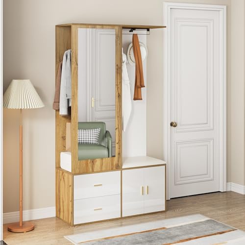 Merax Garde-robe de couloir avec miroir, armoire à chaussures et banc à chaussures, garde-robe compacte avec cintres extensibles, blanc et couleur bois