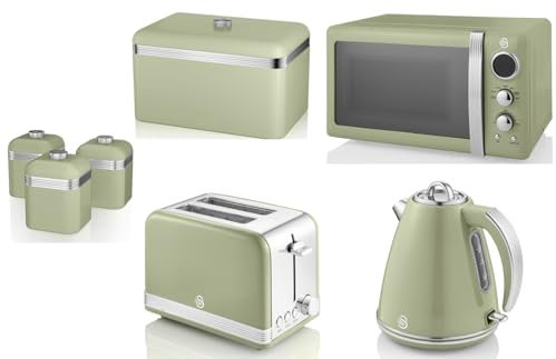Swan Retro Green 1.5L 3KW Jug Kettle, 2 Slice Toaster, 800W 20L Digital Microwave, Bread Bin & Canisters. Retro Design Matching Kitchen Set of 7 in Green