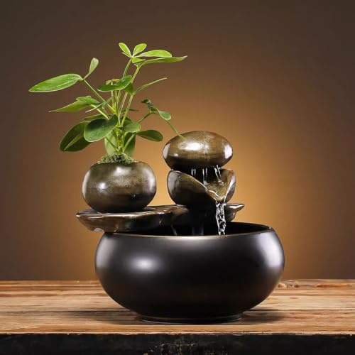 Fuente de mesa de cerámica con función de agua de piedra, fuente de mesa negra brillante con diseño natural, decoración de escritorio silenciosa para relajarse en el hogar y la oficina