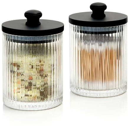 Mason & Fable Ribbed Glass Bathroom Jars | Set of 2 Storage Canister with Airtight Black Wooden Lids | Cotton Pad/Swab/Q tip Holder/Bath Salt/Clear Vanity Apothecary Organizer