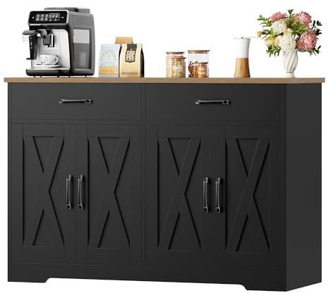 HOCSOK Aparador de 120 cm de ancho, armario de cocina con encimeras, armario de cocina buffet con 2 cajones y 4 puertas, salón, cocina, pasillo, negro y marrón