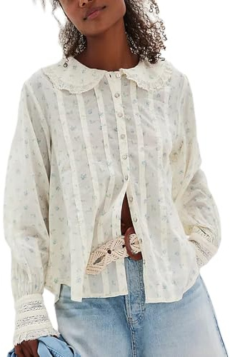 Women Cute Peter Pan Collar Blouse Shirts Ruffle Pleated Trim Button Down Swing Babydoll Tops Y2k Classic Puff Long Sleeve Tees Floral White