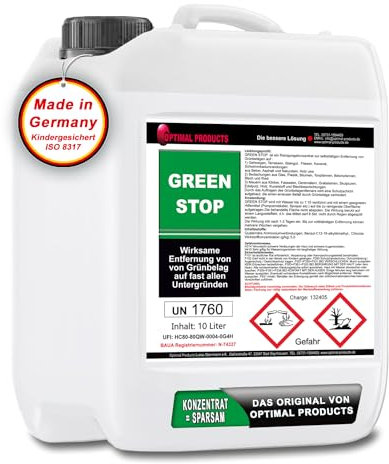 Optimal Products Grünbelagentferner | Steinreiniger für z. Bsp. Pflastersteine uvm | Fassadenreiniger I Selbsttätig ohne nacharbeiten I Konzentrat(10 Liter)
