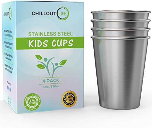 CHILLOUT LIFE Stainless Steel Cups for Kids and Adult 12 oz – Metal Kids Cups stackable for Home & Outdoor Activities, BPA Free Healthy Unbreakable Premium Metal Drinking Pint Glasses (4-Pack)