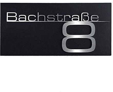 Metzler Hausnummer, Schriftzug aus Edelstahl, individuelles Hausnummernschild in Schwarz, Straßenschild mit Hausnummer, massiv & gebürstet, 3D-Effekt, Made in Germany, Größe: 40 x 20 cm