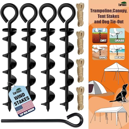 Eurmax USA Canopy Tent Stakes Dog Tie Out Stakes Corkscrew Shape Steel Trampoline Stakes with Iron Rod Installation Tool & 4 Wind Ropes - Set of 4 (Black)