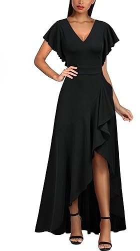 MIUSOL Women's Elegant V-Neck Ruffle Short Flutter Sleeves Empire Waist Split Evening Party Long Dress (Large, Black)