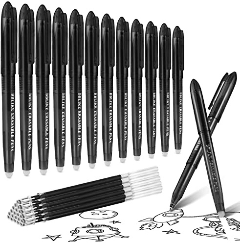BBLIKE Erasable Pens - 12 Pcs Black Rub Out Pens and 20 Refills, 0.7mm Rubber Rollerball Pen, Pen with Eraser on the End, Handwriting Writing Pens for Adults Kids School Office Stationary