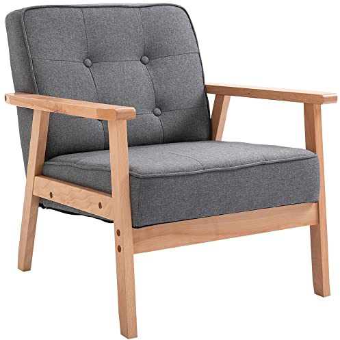 HOMCOM Butaca de Salón Moderno Sillón Individual Tapizado en Lino con Asiento Acolchado y Marco de Madera para Oficina Dormitorio Carga 120 kg 65x69x78 cm Gris