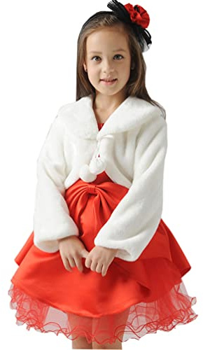 PHLCEhot Girls Faux Fur Bolero Shrug White Cardigan Coat Long Sleeve Shawl Flower Girls Dress Up Jacket