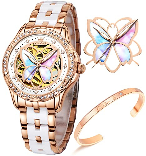 OLEVS Women Self Winding Watches Automatic Rose Gold Diamond Skeleton Luminous Elegant Colorful Butterfly Stainless Steel Ceramic Strap Butterfly Gift Set for Ladies