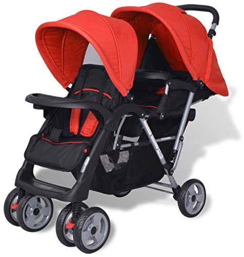 Gecheer Geschwisterwagen Zusammenklappbar Kinderwagen Buggy Kinderwagen Tandem Kinderwagen Geschwisterkinderwagen Doppelkinderwagen Zwillingswagen Zwillingsbuggy Stahl Rot und Schwarz