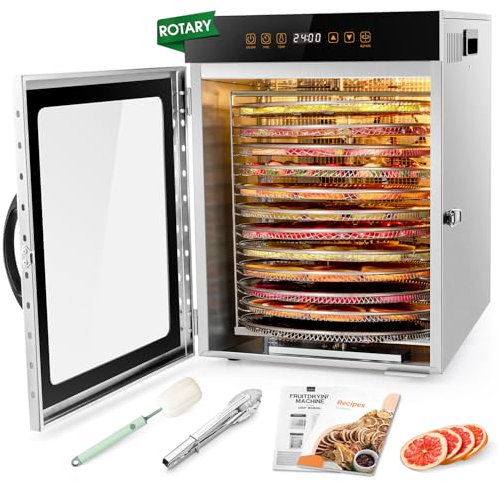 Kwasyo Deshidratador de Alimentos de Acero Inoxidable con 12 Rotar Bandejas, 1000W Secado eficiente de 720° con doble ventilador, Temporizador Temperatura Ajustabledeshidrata fruta, carne, verduras