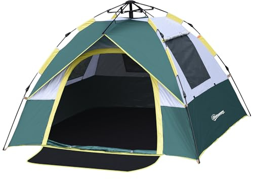 Outsunny Tenda da Campeggio 2 Posti, Tenda Campeggio con Apertura Pop Up, Tappetino e Tasche Interne, 205x195x135 cm, Verde Oliva