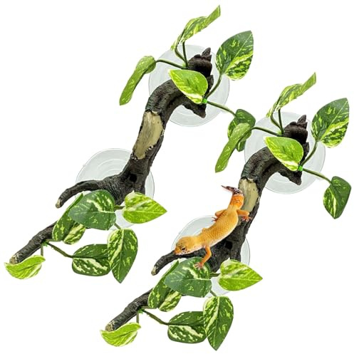 PINVNBY Snake Climbing Branch, 2 PCS Resin Reptile Branches for Climbing with Suction Cups Frog Terrarium Plants Reptile Tank Decor Accessories for Corn Snake Lizard