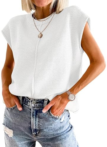 Jhsnjnr Pull à col rond pour femme - Pull ample à manches courtes - Pull surdimensionné en tricot sans manches, blanc, XL