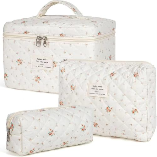Aucuu Beauty Case, 3 Pezzi Floreale Grande Capacità per Il Trucco, Borsa da Toilette Trapuntata, Beauty Case da Viaggio Cotone Morbido, Beauty Trapuntato Grandei da Toilette Makeup Bag Organizer