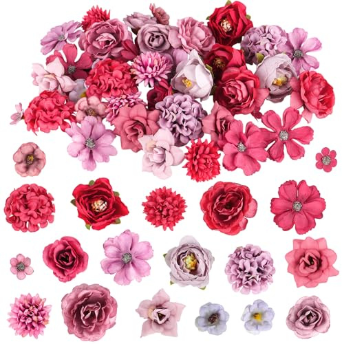 Lot de 40 fleurs artificielles pour travaux manuels, 9 styles de fleurs artificielles de 2,5 à 5 cm - Différentes fleurs en soie - Fleurs décoratives - Pour bricolage, bricolage, scrapbooking,