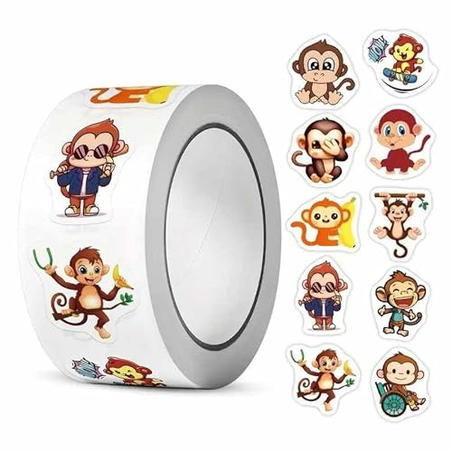 PLAYZOCO Pegatinas de monos para Niños, stickers de orangutan emoji, pegatinas infantiles, Calcomanías Infantiles de Monos, Adhesivos de monitos en rollo, 500 pegatinas de 2.5 cm